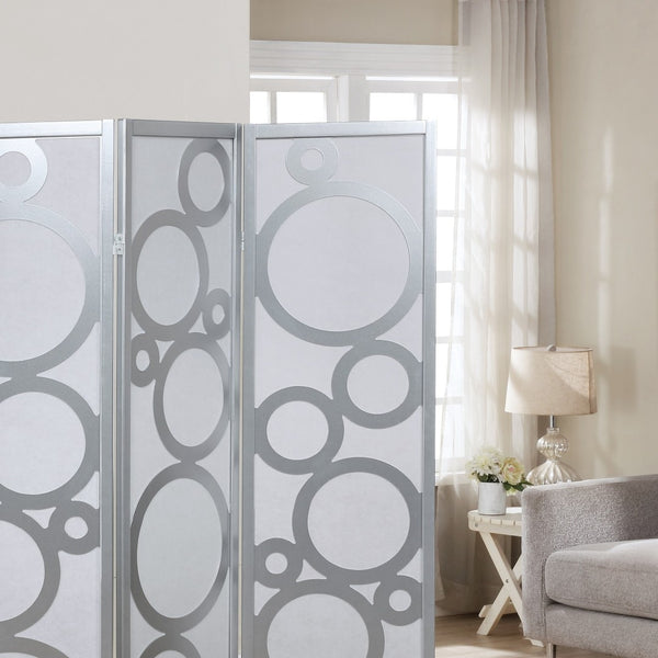 English Elm Arvada Four Panel Mdf Room Divider with Geometric Cutouts for Modern Interiors Silver T2574P165180