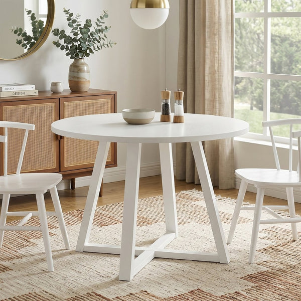 English Elm Edo Round Rubberwood Dining Table Sculptural Trestle Base for Minimalist Interiors White T2574P182644