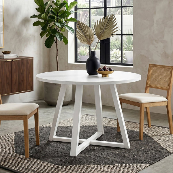 English Elm Edo Round Rubberwood Dining Table Sculptural Trestle Base for Minimalist Interiors White T2574P182644