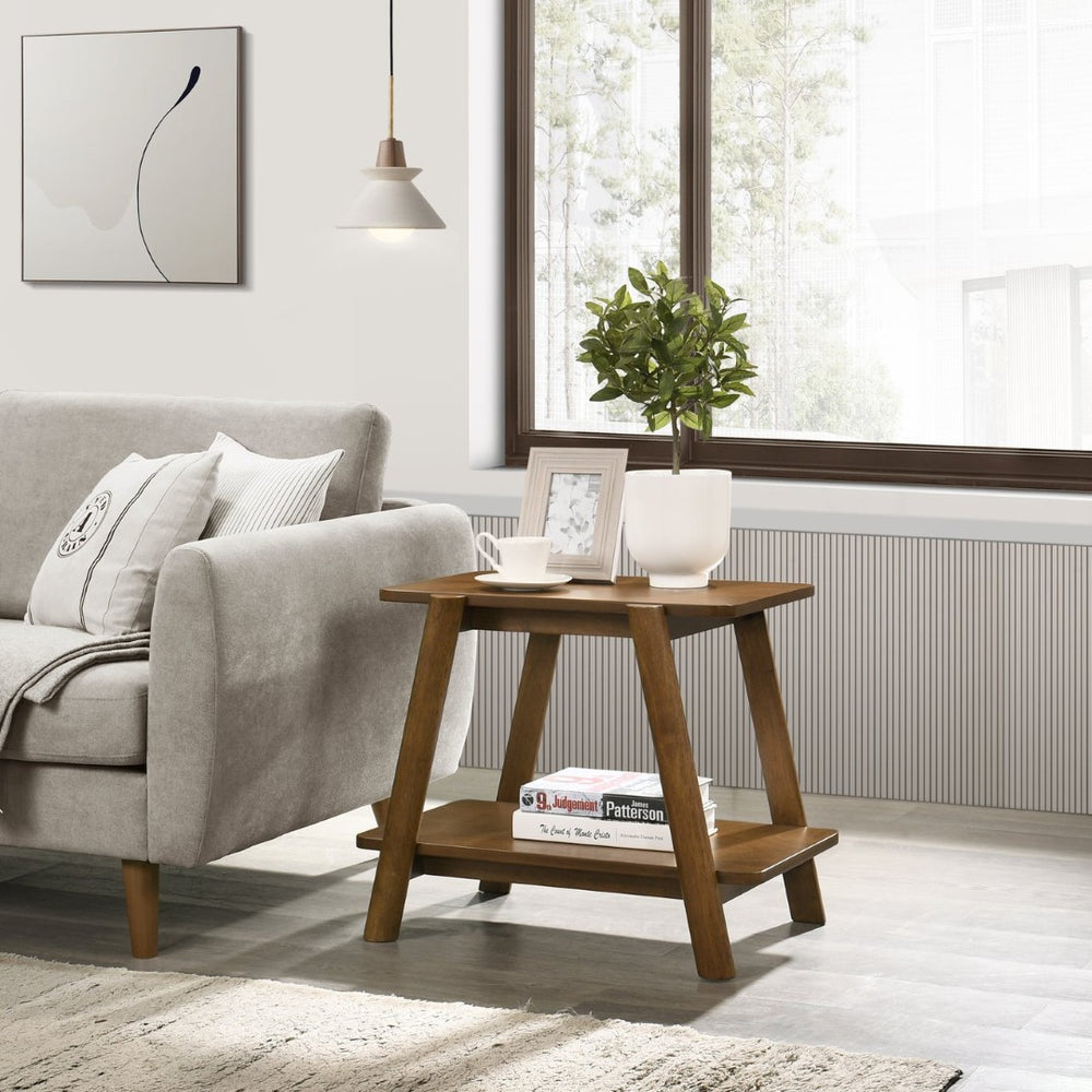 English Elm Metz Mid-century End Table with Open Shelf Walnut Veneer Top and Cylinder Legs T2574P184953