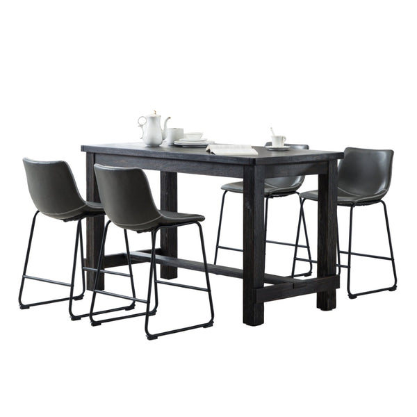 English Elm Bronco Counter Height Dining Set Seats Four with Weathered Wood Table and Faux Leather Chairs Black + Gray T2574P194595