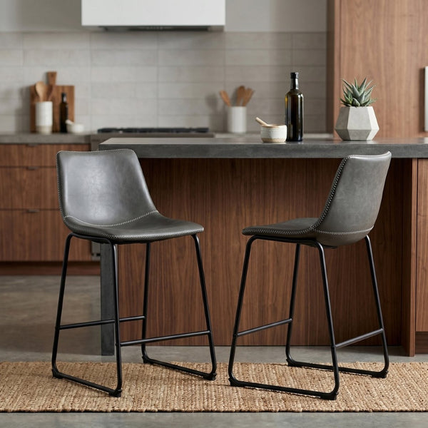English Elm Bronco Counter Height Dining Set Seats Four with Weathered Wood Table and Faux Leather Chairs Black + Gray T2574P194595