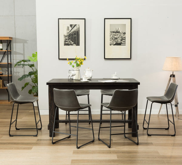 English Elm Bronco Weathered Wood Counter Dining Set Seating Six with Upholstered Pu Leather Chairs Black+ Gray T2574P195181