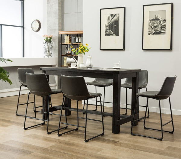 English Elm Bronco Weathered Wood Counter Dining Set Seating Six with Upholstered Pu Leather Chairs Black+ Gray T2574P195181