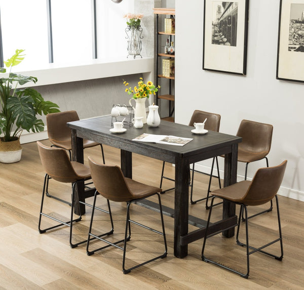 English Elm Bronco Weathered Wood Counter Dining Set Seating Six with Upholstered Pu Leather Chairs Black+Brown T2574P195184
