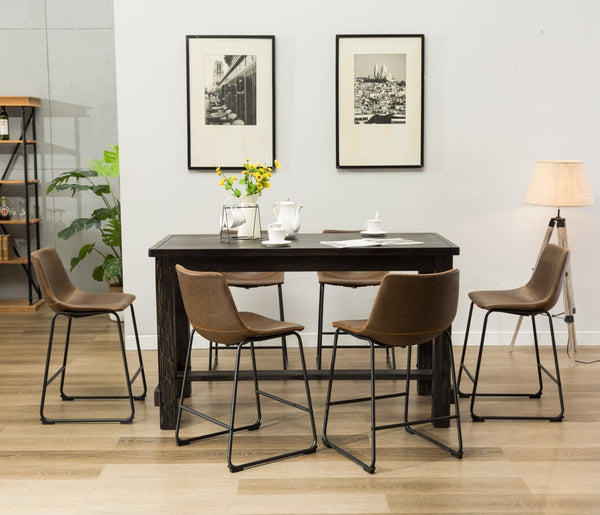 English Elm Bronco Weathered Wood Counter Dining Set Seating Six with Upholstered Pu Leather Chairs Black+Brown T2574P195184