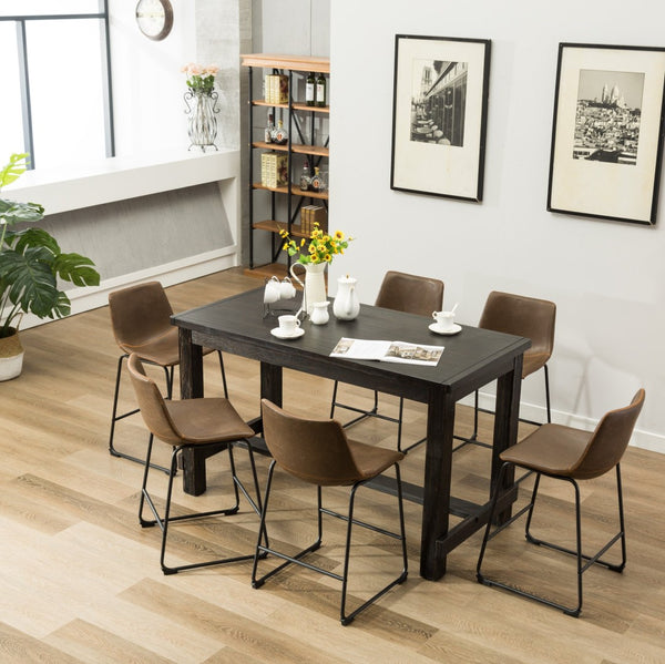 English Elm Bronco Weathered Wood Counter Dining Set Seating Six with Upholstered Pu Leather Chairs Black+Brown T2574P195184