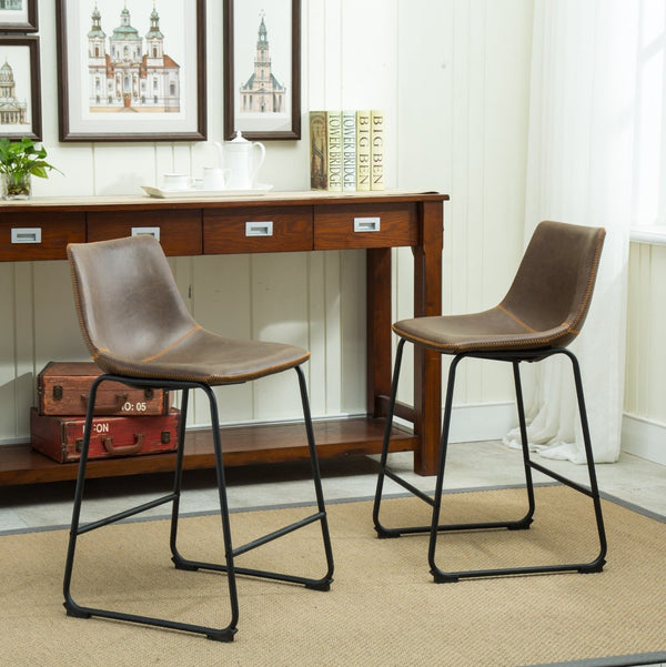 English Elm Bronco Weathered Wood Counter Dining Set Seating Six with Upholstered Pu Leather Chairs Black+Brown T2574P195184