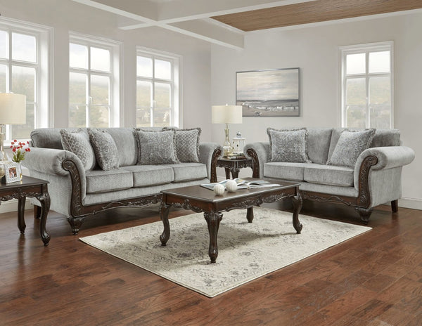 English Elm Hernen Traditional Chenille Sofa and Loveseat Set with Carved Wood Arm Panels T2574P195802