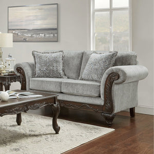 English Elm Hernen Traditional Chenille Sofa and Loveseat Set with Carved Wood Arm Panels T2574P195802