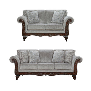 English Elm Hernen Traditional Chenille Sofa and Loveseat Set with Carved Wood Arm Panels T2574P195802