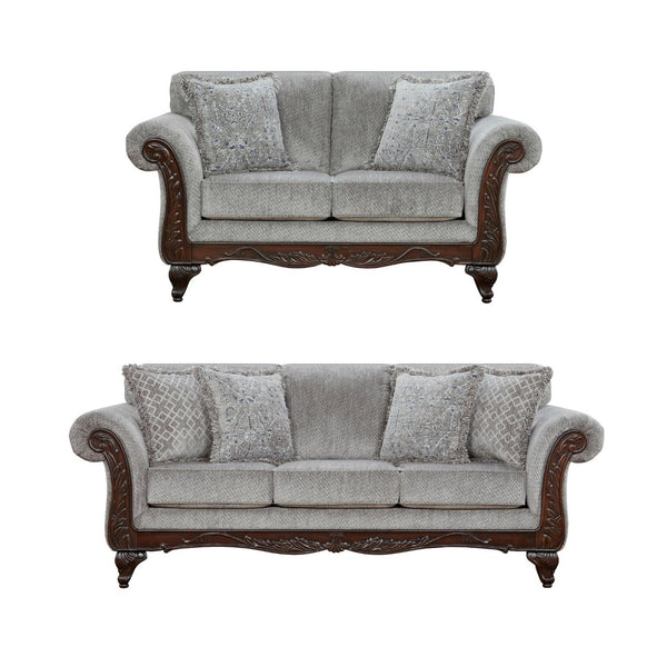 English Elm Hernen Traditional Chenille Sofa and Loveseat Set with Carved Wood Arm Panels T2574P195802