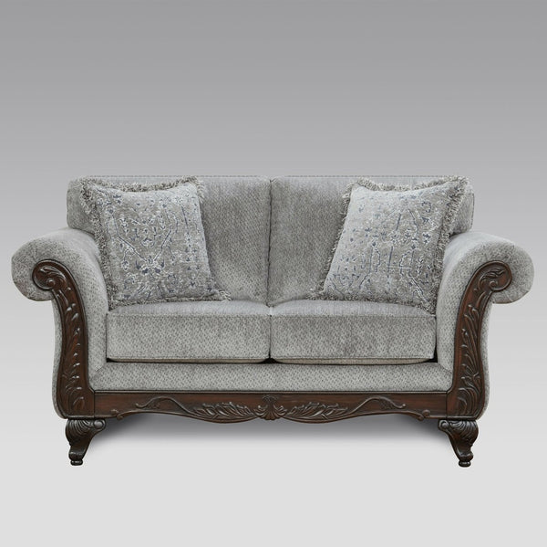 English Elm Hernen Traditional Chenille Sofa and Loveseat Set with Carved Wood Arm Panels T2574P195802
