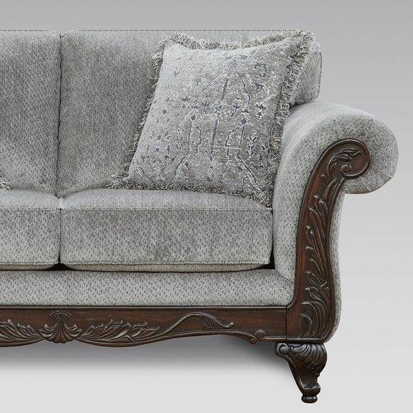 English Elm Hernen Traditional Chenille Sofa and Loveseat Set with Carved Wood Arm Panels T2574P195802