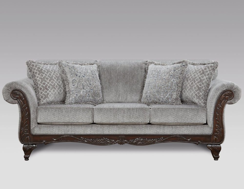 English Elm Hernen Chenille Upholstered Living Room Set with Carved Wood Panels and Cherry Feet T2574P196577