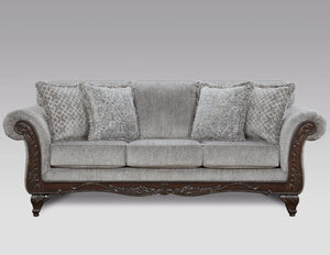 English Elm Hernen Chenille Upholstered Living Room Set with Carved Wood Panels and Cherry Feet T2574P196577