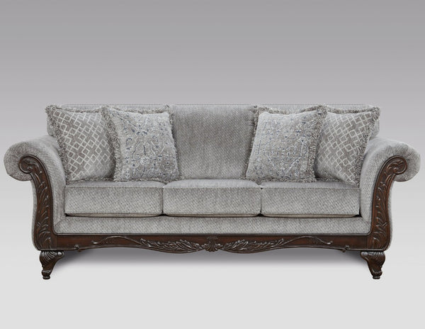 English Elm Hernen Chenille Upholstered Living Room Set with Carved Wood Panels and Cherry Feet T2574P196577