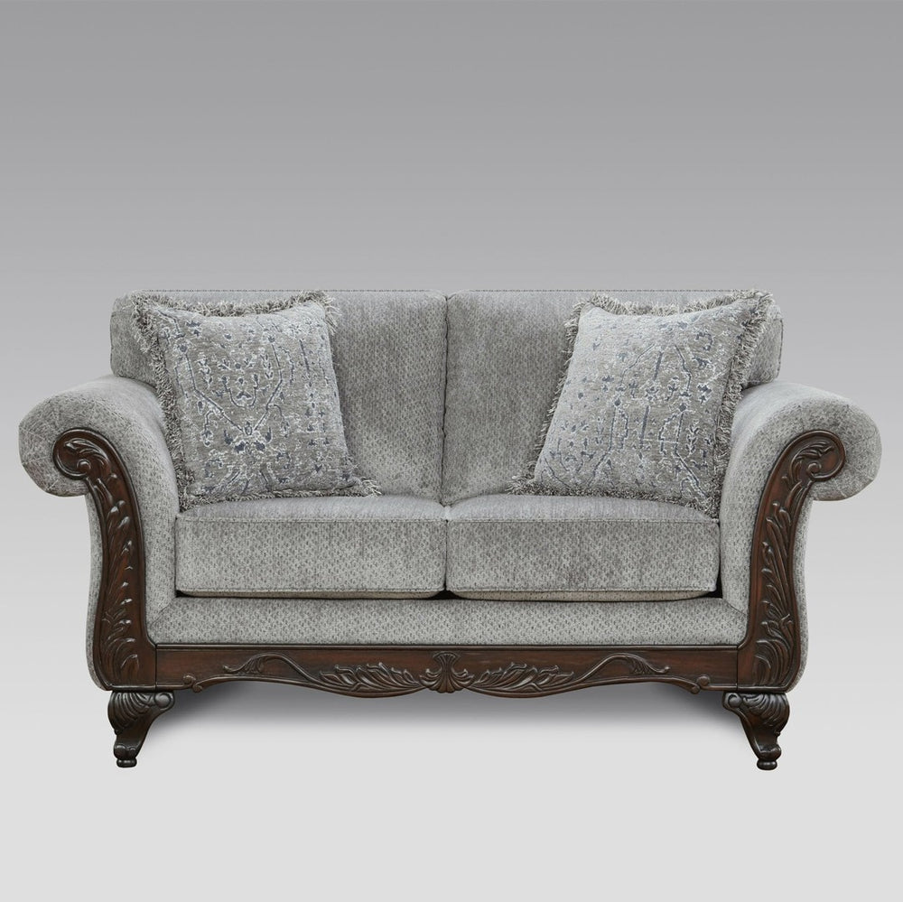 English Elm Hernen Chenille Upholstered Loveseat with Carved Cherry Hardwood Frame Traditional Style T2574P196578