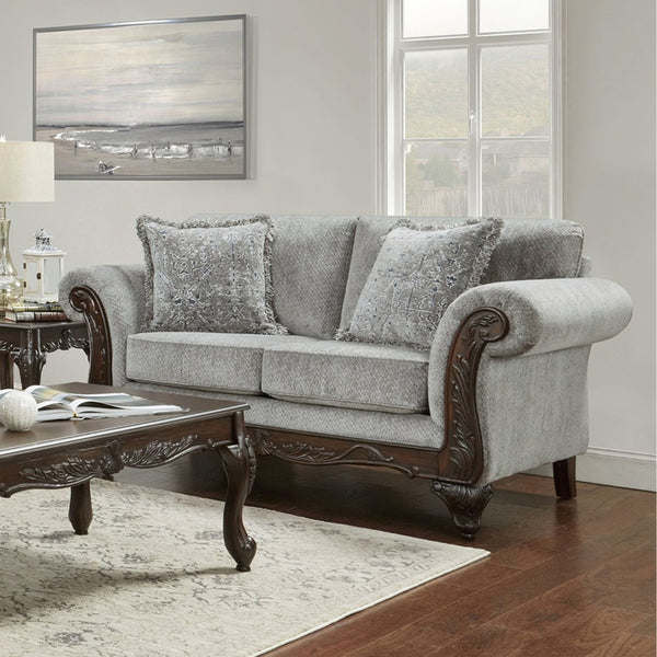 English Elm Hernen Chenille Upholstered Loveseat with Carved Cherry Hardwood Frame Traditional Style T2574P196578
