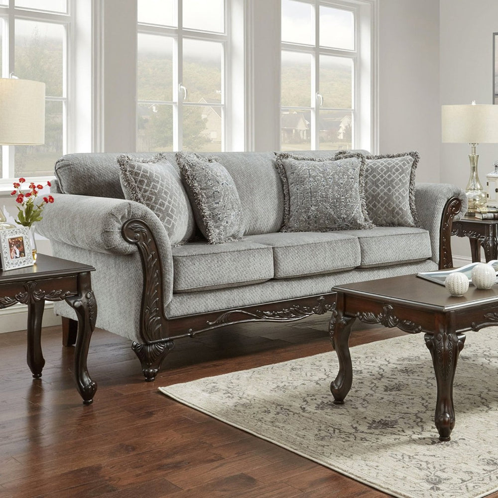 English Elm Hernen Carved Hardwood Chenille Sofa with Rolled Arms for Traditional Living Rooms T2574P196581