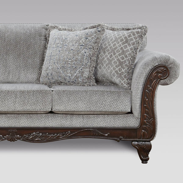 English Elm Hernen Carved Hardwood Chenille Sofa with Rolled Arms for Traditional Living Rooms T2574P196581