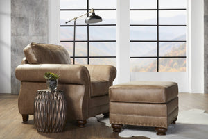 English Elm Leinster Faux Leather Accent Chair Ottoman Set with Nailhead Trim and Rolled Arms Brown T2574P196590