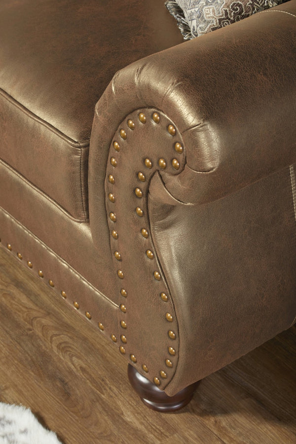 English Elm Leinster Faux Leather Accent Chair Ottoman Set with Nailhead Trim and Rolled Arms Brown T2574P196590