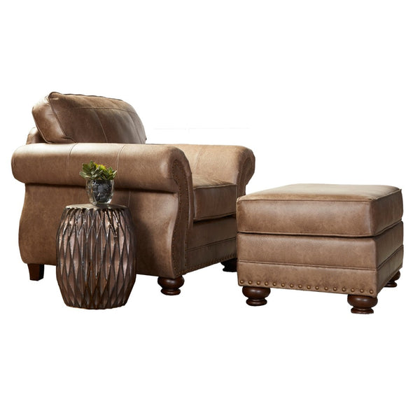 English Elm Leinster Faux Leather Accent Chair Ottoman Set with Nailhead Trim and Rolled Arms Brown T2574P196590