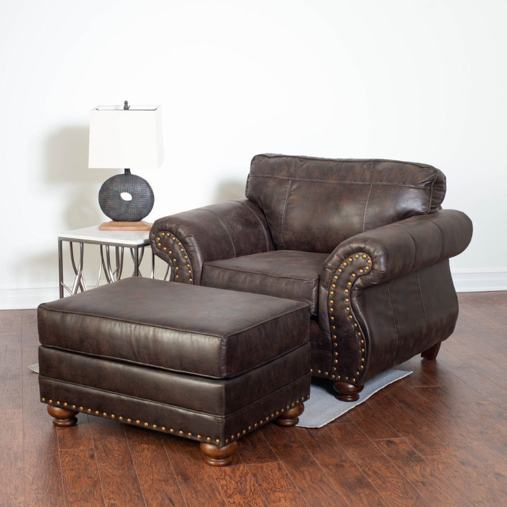 English Elm Leinster Faux Leather Accent Chair Ottoman Set with Nailhead Trim and Rolled Arms Espresso T2574P196591