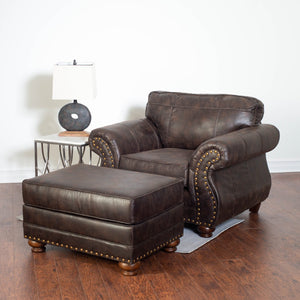 English Elm Leinster Faux Leather Accent Chair Ottoman Set with Nailhead Trim and Rolled Arms Espresso T2574P196591
