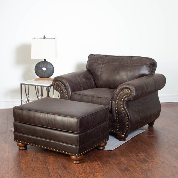 English Elm Leinster Faux Leather Accent Chair Ottoman Set with Nailhead Trim and Rolled Arms Espresso T2574P196591