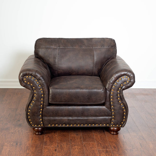 English Elm Leinster Faux Leather Accent Chair Ottoman Set with Nailhead Trim and Rolled Arms Espresso T2574P196591