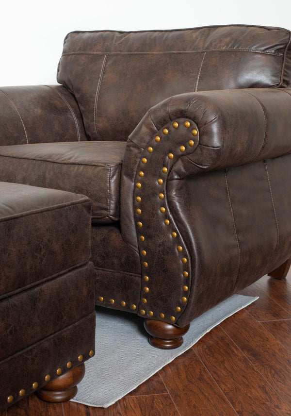 English Elm Leinster Faux Leather Accent Chair Ottoman Set with Nailhead Trim and Rolled Arms Espresso T2574P196591