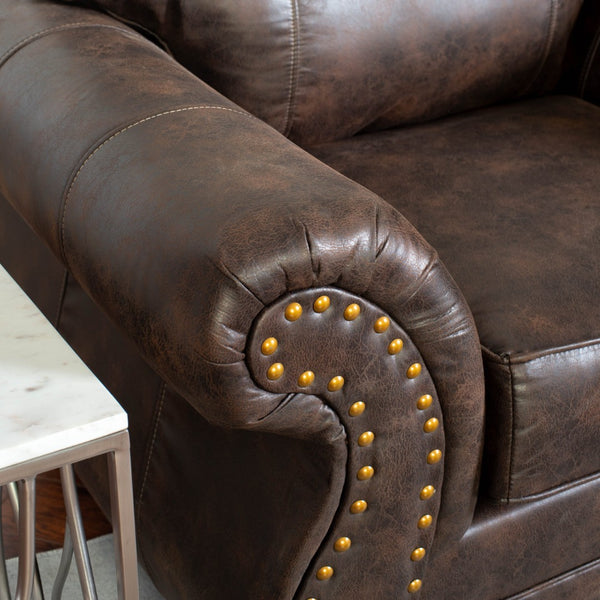 English Elm Leinster Faux Leather Accent Chair Ottoman Set with Nailhead Trim and Rolled Arms Espresso T2574P196591