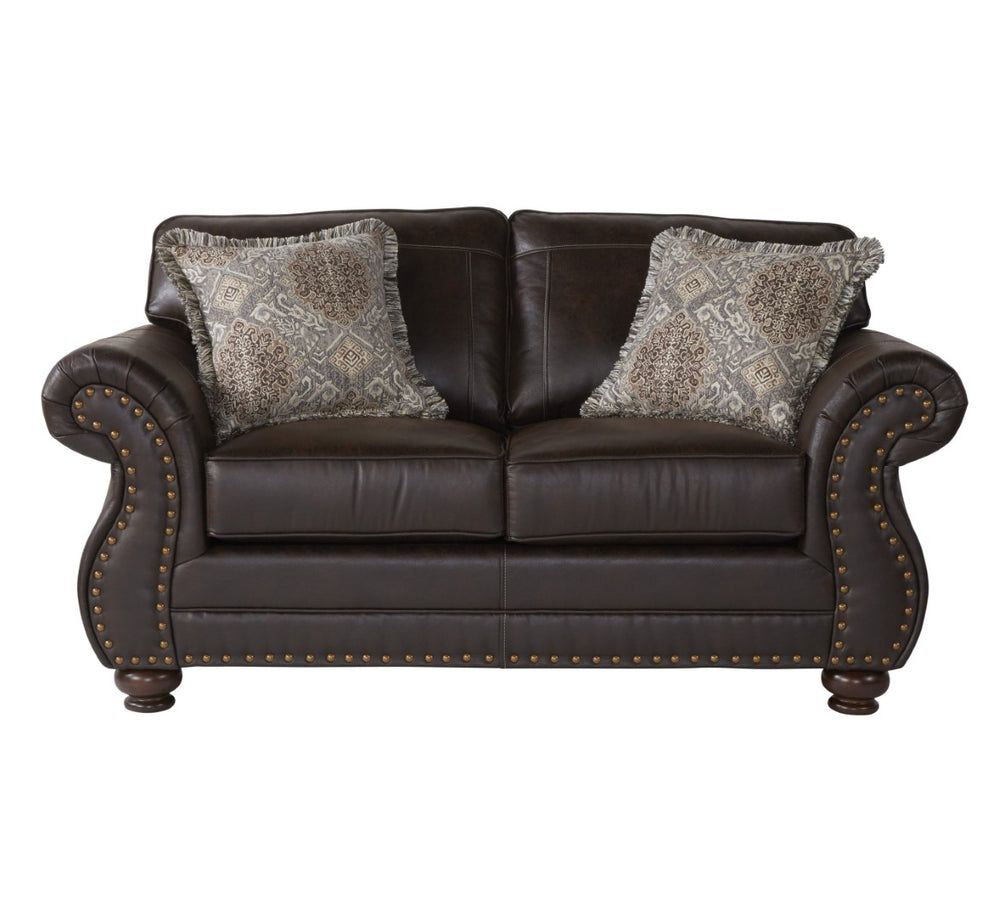 English Elm Leinster Faux Leather Loveseat Rolled Arms Nailhead Trim Espresso Bun Feet Living Room Espresso T2574P196594