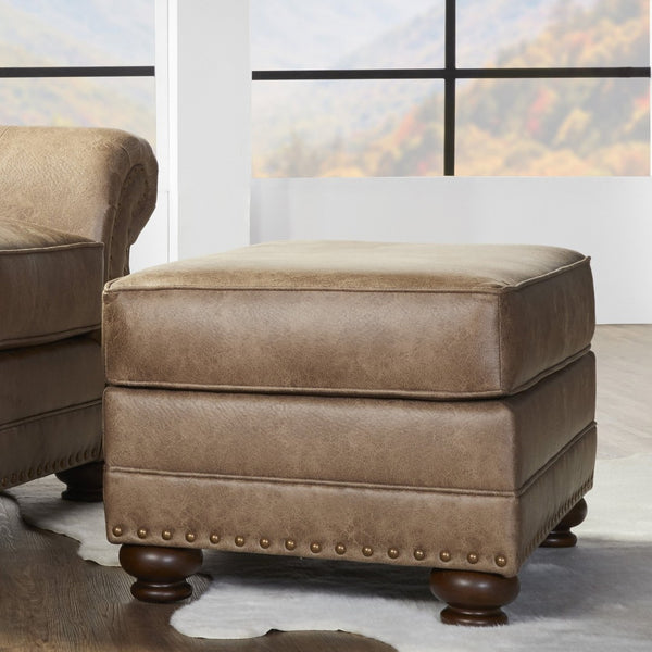 English Elm Leinster Faux Leather Tufted Ottoman Espresso Bun Feet Nailhead Trim Living Room T2574P196595
