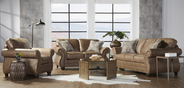 English Elm Leinster Faux Leather 3 Piece Living Room Set with Nailhead Trim Rolled Arms Brown T2574P196933