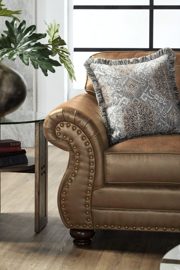 English Elm Leinster Faux Leather 3 Piece Living Room Set with Nailhead Trim Rolled Arms Brown T2574P196933