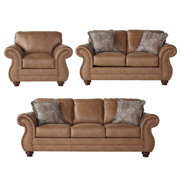 English Elm Leinster Faux Leather 3 Piece Living Room Set with Nailhead Trim Rolled Arms Brown T2574P196933