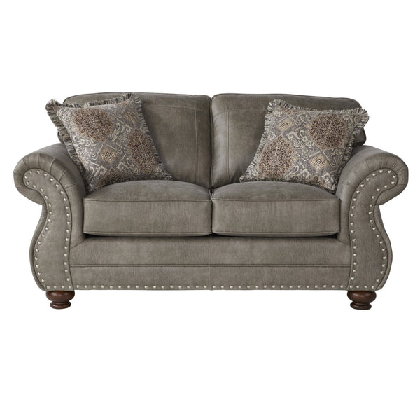 English Elm Leinster Faux Leather Loveseat Rolled Arms Nailhead Trim Espresso Bun Feet Living Room Gray T2574P196950