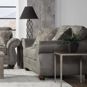 English Elm Leinster Faux Leather Loveseat Rolled Arms Nailhead Trim Espresso Bun Feet Living Room Gray T2574P196950
