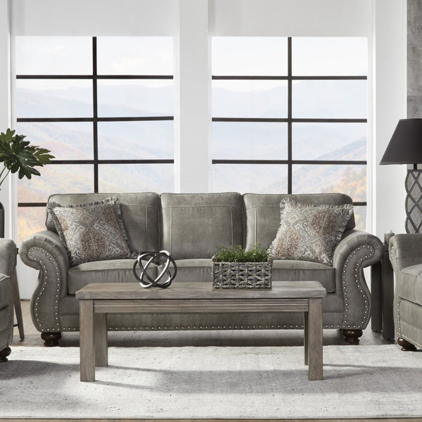 English Elm Leinster Faux Leather Sofa Nailhead Trim Rolled Arms Hardwood Frame Living Room Gray T2574P196952