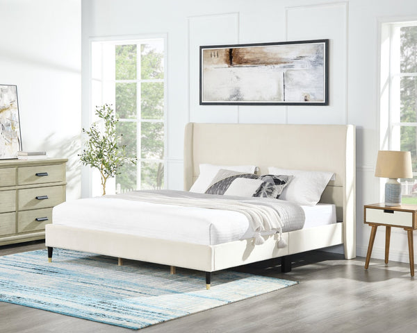 English Elm Rozitta Wingback King Platform Bed Plush Velvet Upholstered with Padded Panels Beige T2574P196963