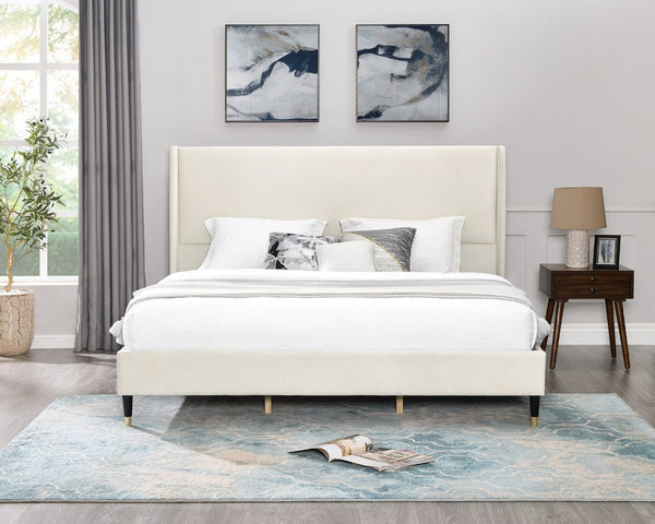 English Elm Rozitta Wingback King Platform Bed Plush Velvet Upholstered with Padded Panels Beige T2574P196963