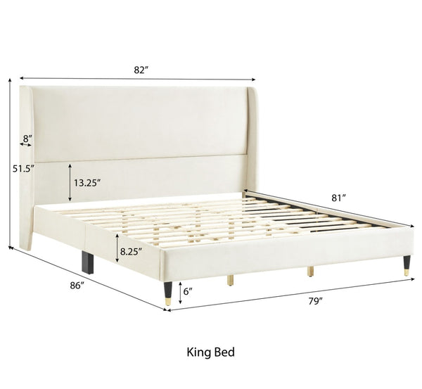 English Elm Rozitta Wingback King Platform Bed Plush Velvet Upholstered with Padded Panels Beige T2574P196963
