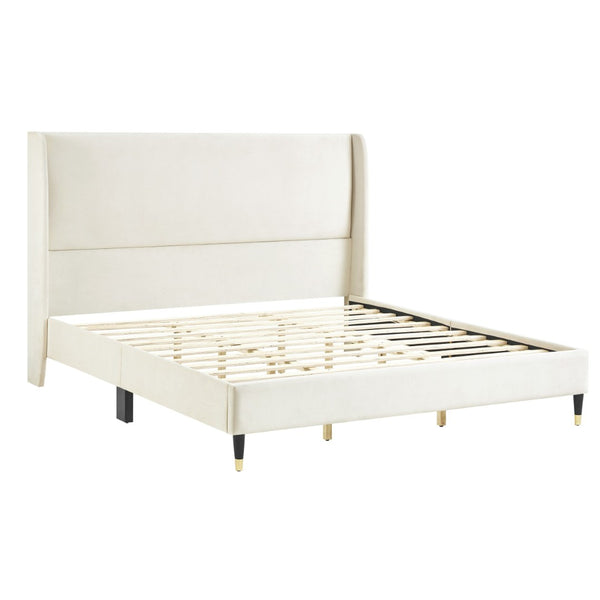 English Elm Rozitta Wingback King Platform Bed Plush Velvet Upholstered with Padded Panels Beige T2574P196963