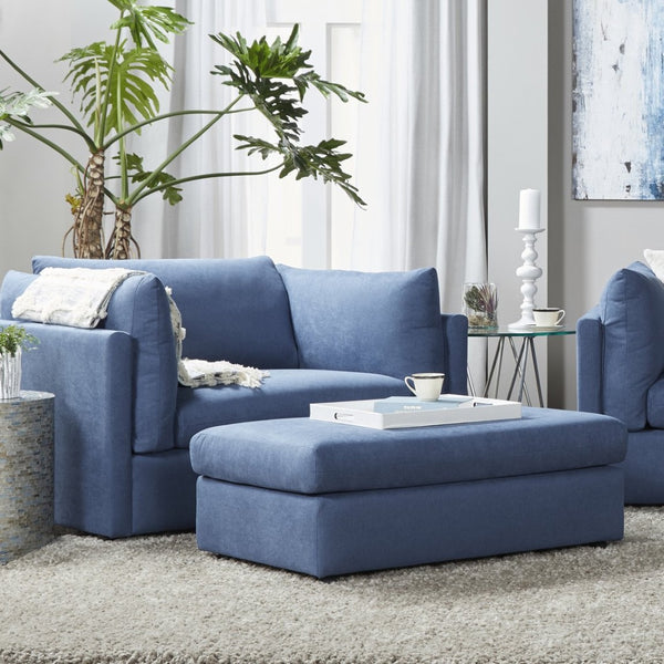 English Elm Enda Upholstered Fabric Ottoman Low Profile Footrest for Contemporary Living Rooms Blue T2574P196966