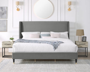 English Elm Rozitta Wingback King Platform Bed Plush Velvet Upholstered with Padded Panels Gray T2574P198384