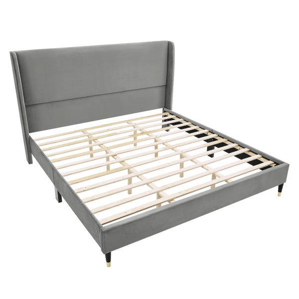 English Elm Rozitta Wingback King Platform Bed Plush Velvet Upholstered with Padded Panels Gray T2574P198384