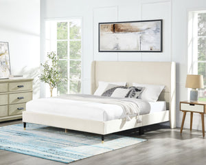 English Elm Rozitta Velvet Wingback Queen Platform Bed with Foam Padded Panels and Gold Legs Beige T2574P198388